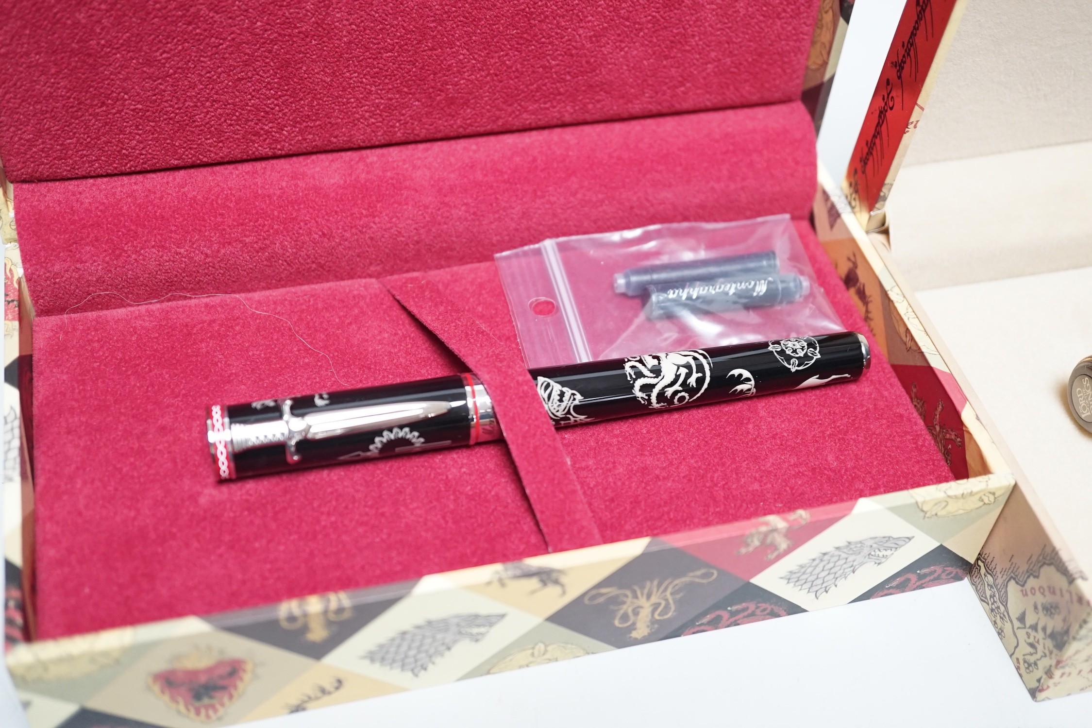 Two Montegrappa fountain pens, Game of Thrones, Westeros and Lord of the Rings, Eye of Sauron, cased